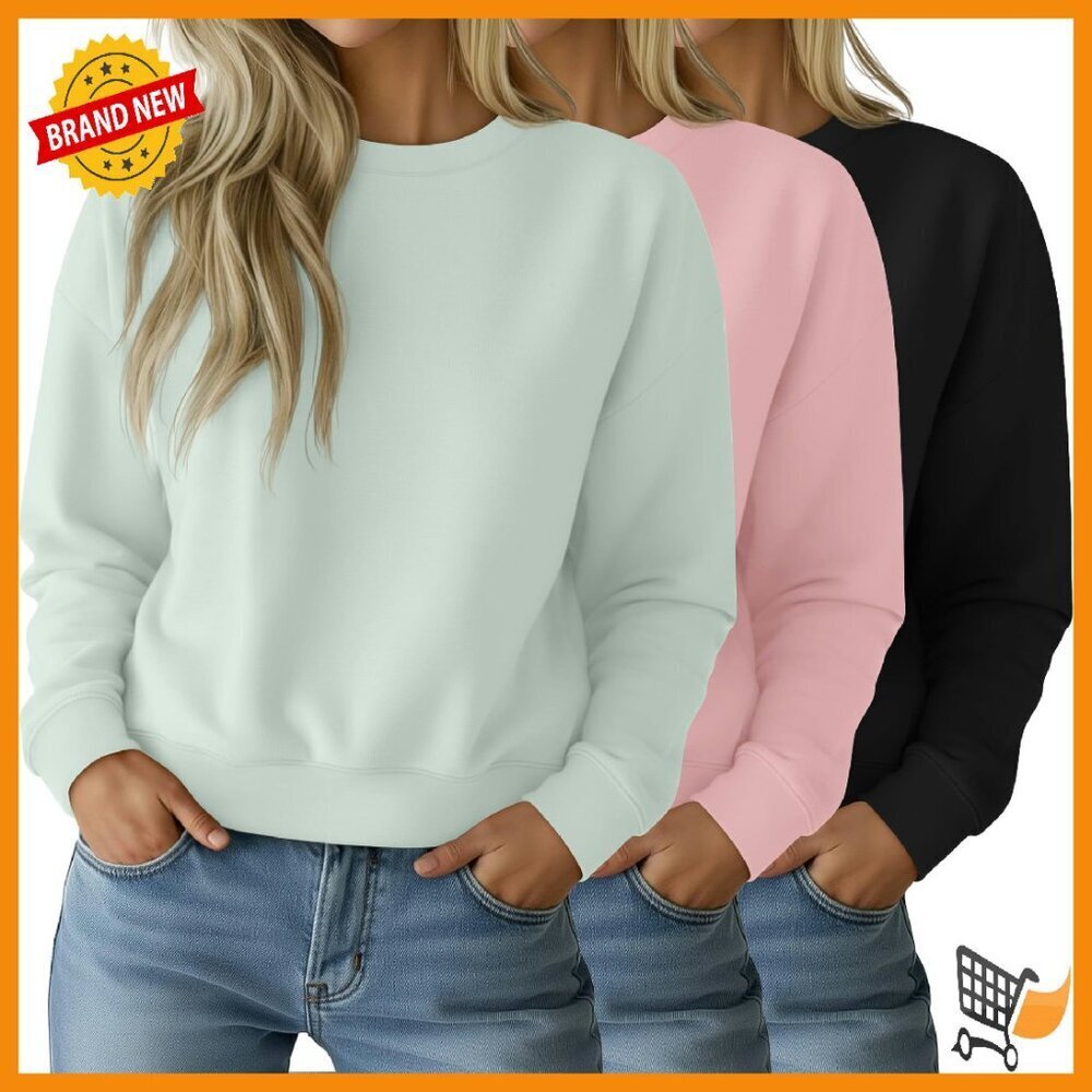 Women's Cropped Sweatshirt 3-Pack Cotton Crew Neck Pullover Long Sleeve Tops